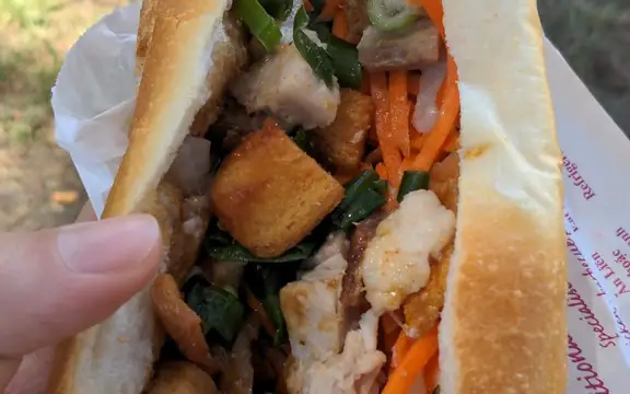 Close view of a filled banh mi in Footscray, Melbourne