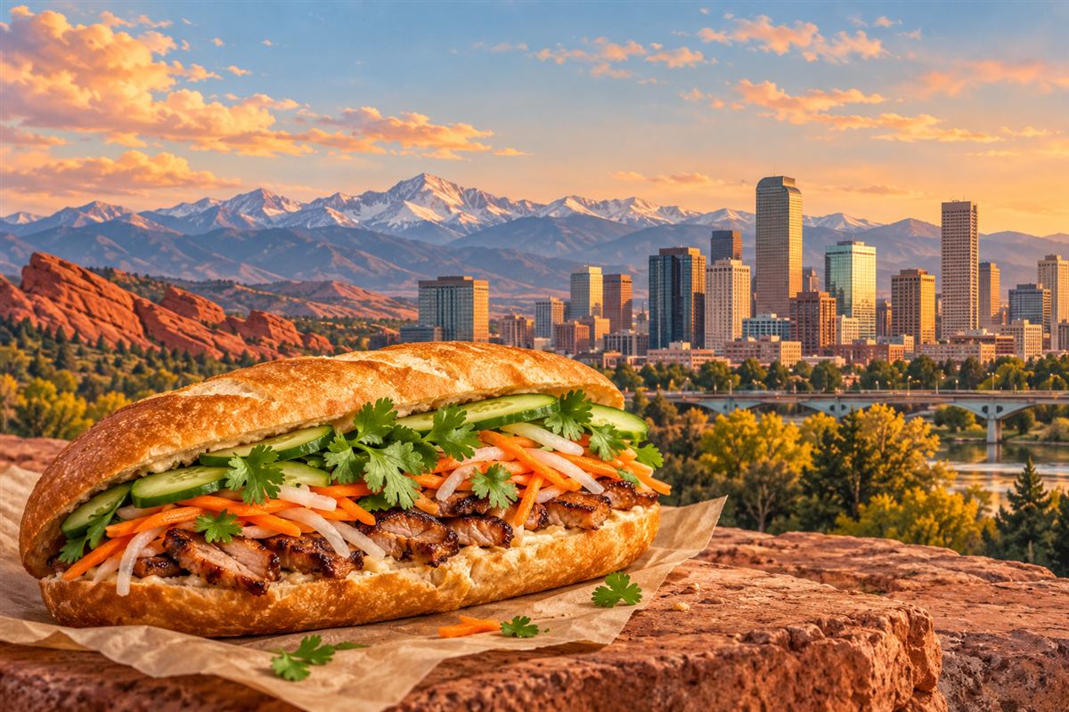 Denver skyline, Rocky Mountains and a Vietnamese bánh mì sandwich
