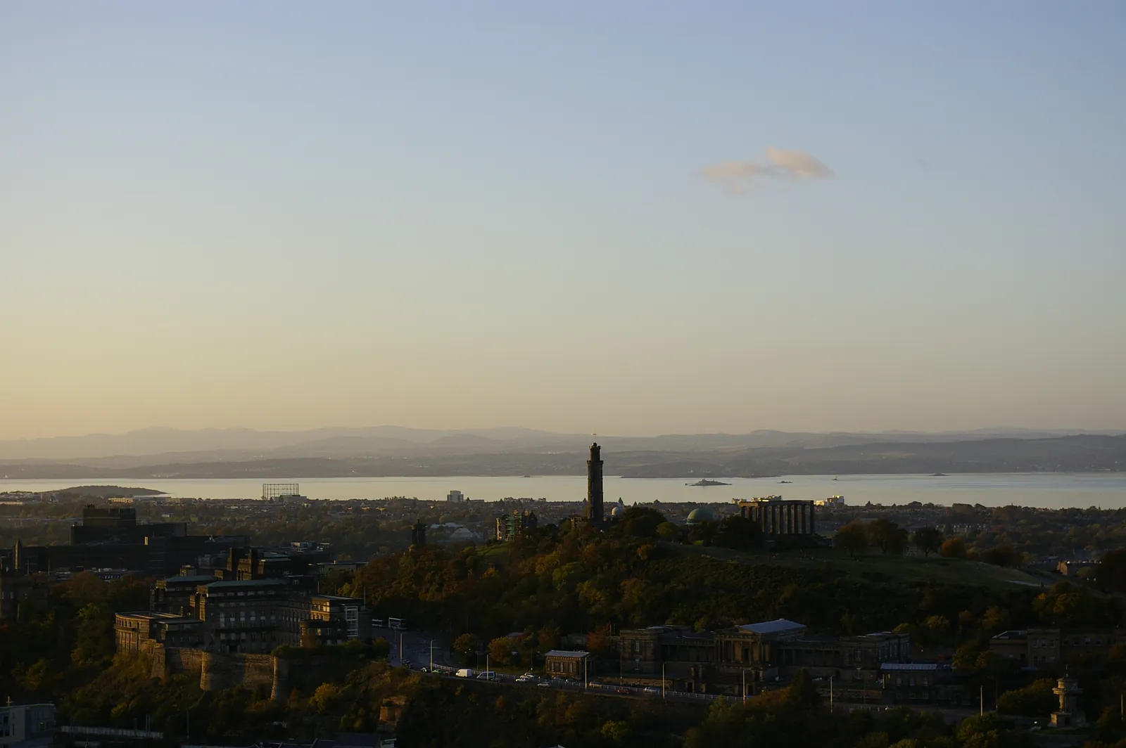 Calton Hill and Edinburgh city buildings viewed from the Salisbury Crags