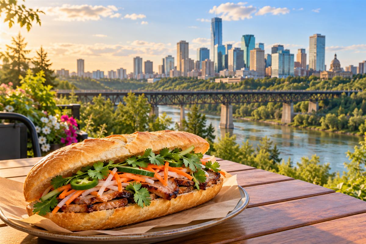 Edmonton skyline and river valley with a Vietnamese bánh mì sandwich