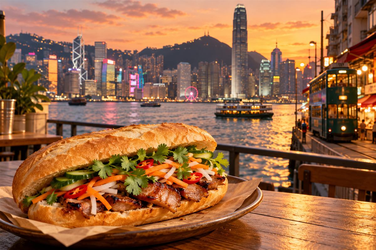 Hong Kong skyline and Victoria Harbour with a Vietnamese bánh mì sandwich