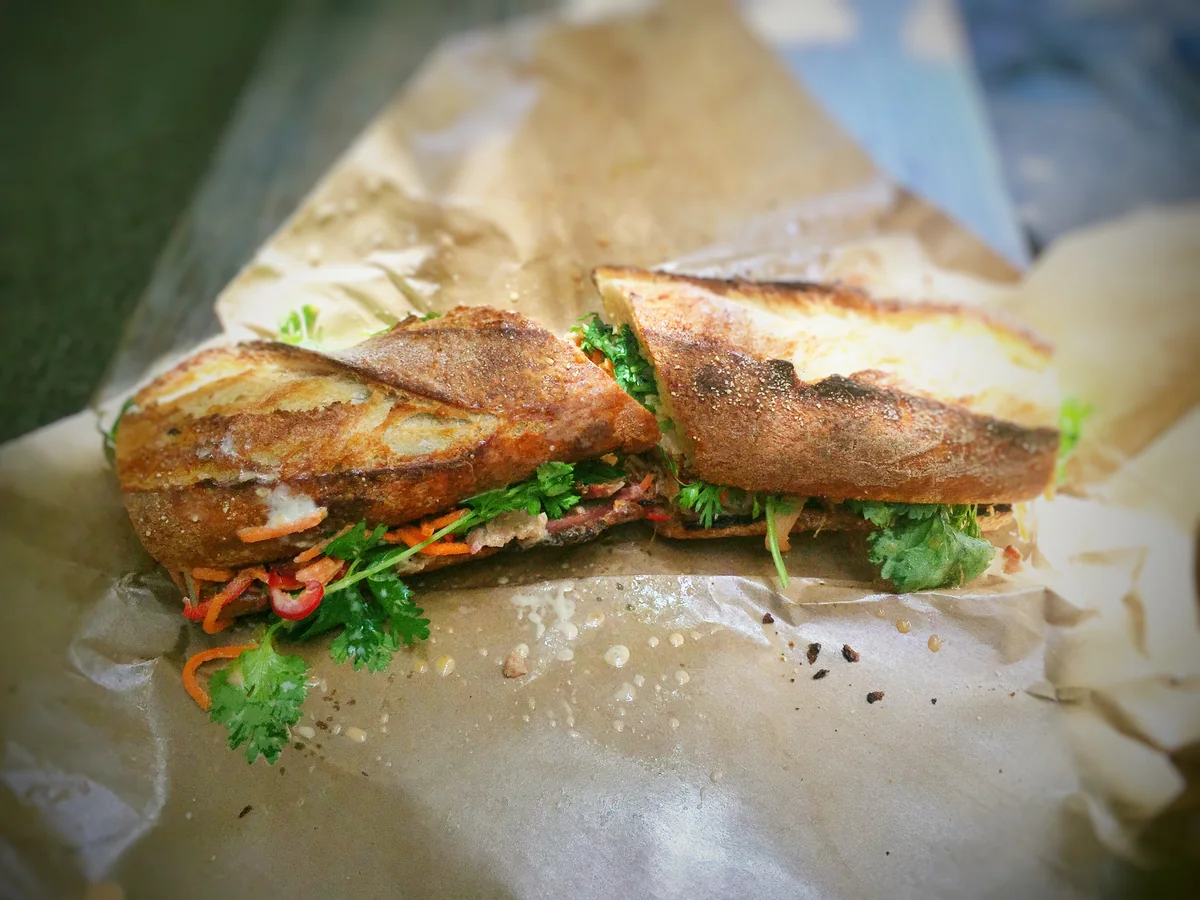 Brisket bánh mì sandwich with pickled vegetables and coriander, photographed in Venice, Los Angeles
