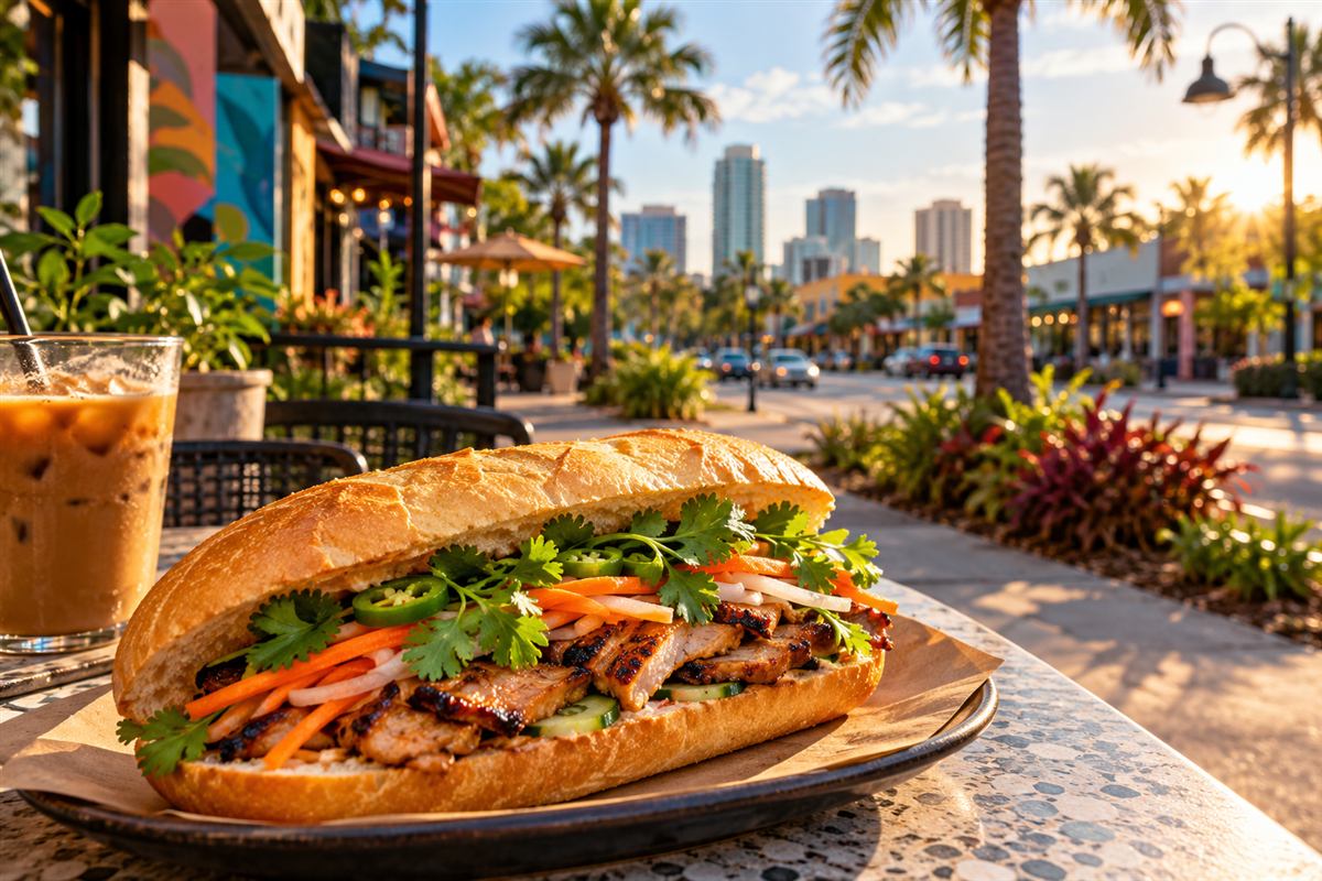 Orlando skyline and tropical cityscape with a Vietnamese bánh mì sandwich