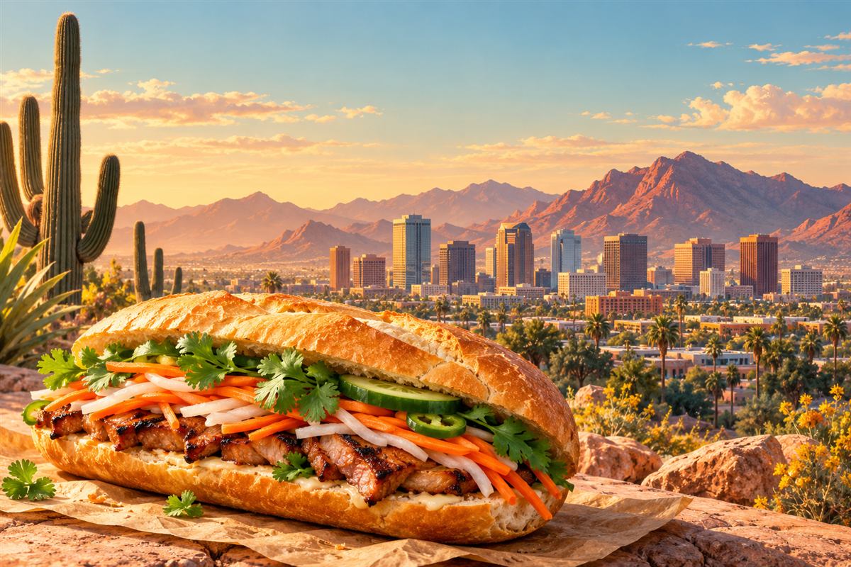 Phoenix skyline, Sonoran desert and mountains with a Vietnamese bánh mì sandwich